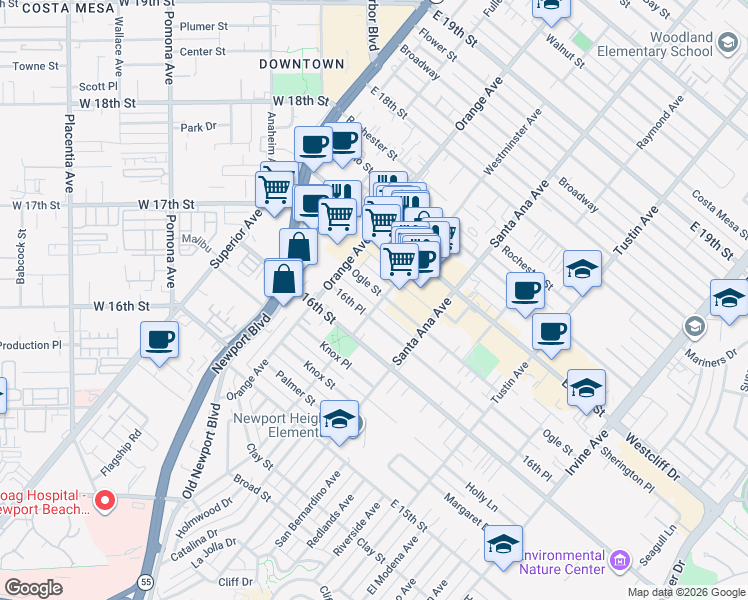 map of restaurants, bars, coffee shops, grocery stores, and more near 249 Ogle Street in Costa Mesa