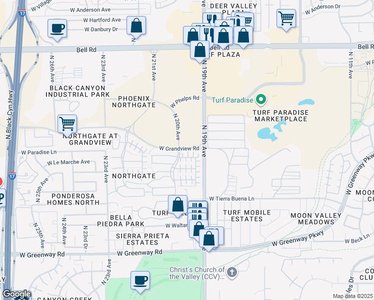 map of restaurants, bars, coffee shops, grocery stores, and more near 1968 West Davis Road in Phoenix