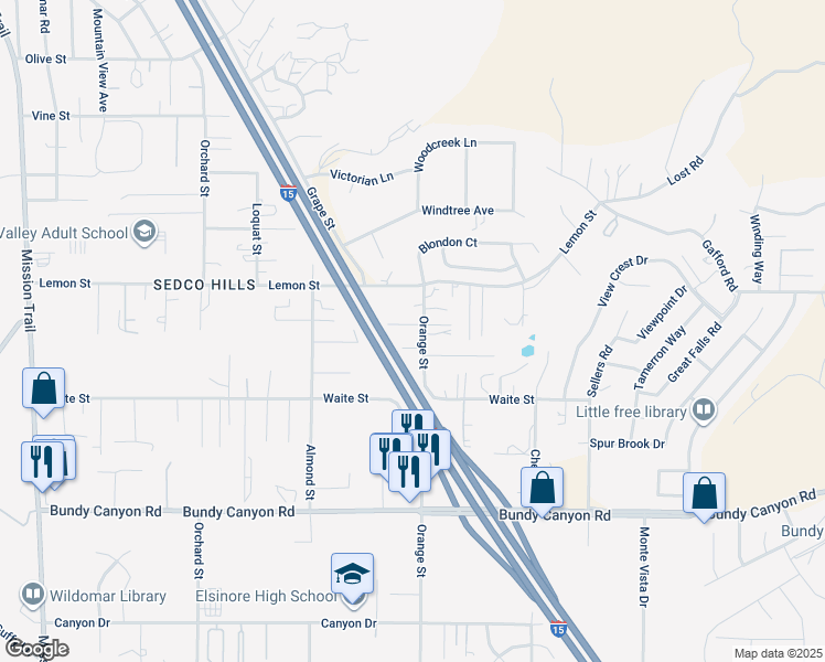 map of restaurants, bars, coffee shops, grocery stores, and more near 33615 Orange Street in Wildomar