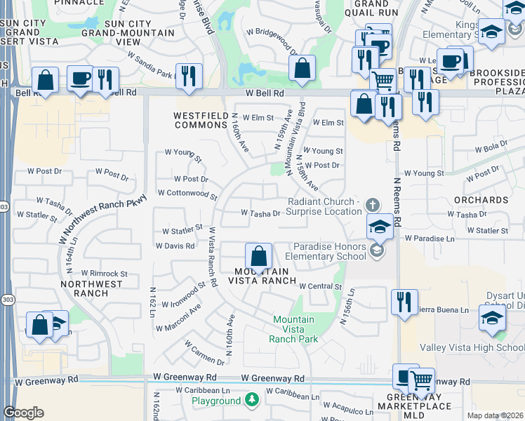 map of restaurants, bars, coffee shops, grocery stores, and more near 15921 West Cottonwood Street in Surprise