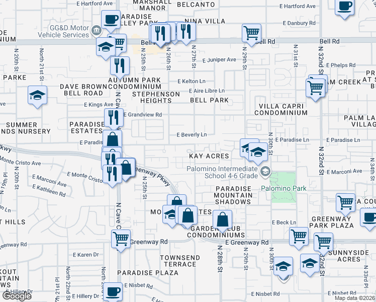 map of restaurants, bars, coffee shops, grocery stores, and more near 16040 North 27th Street in Phoenix