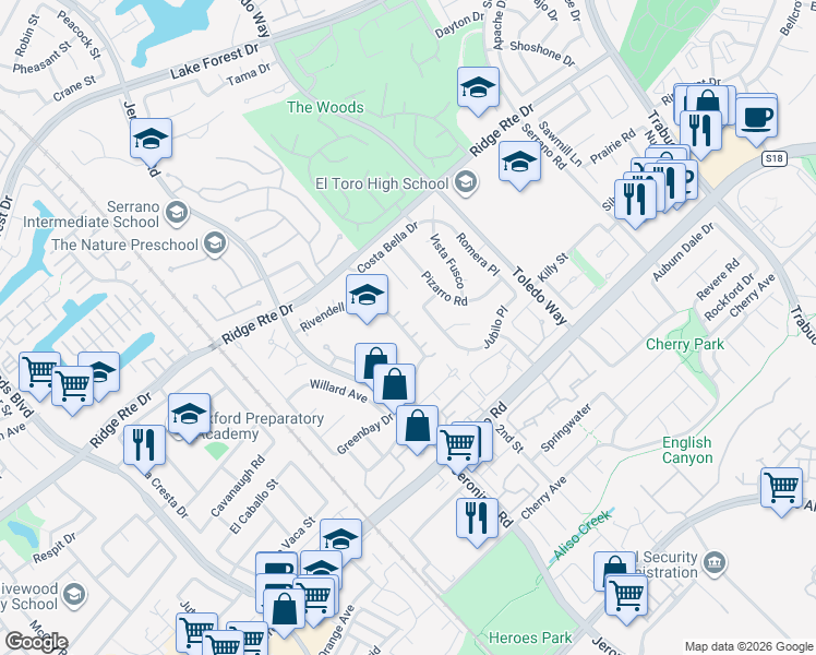 map of restaurants, bars, coffee shops, grocery stores, and more near 25135 Rivendell Drive in Lake Forest