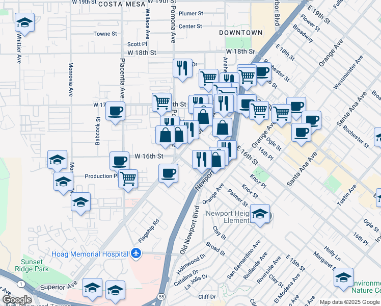 map of restaurants, bars, coffee shops, grocery stores, and more near 1560 Superior Avenue in Costa Mesa