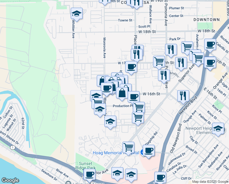 map of restaurants, bars, coffee shops, grocery stores, and more near 1609 Babcock Street in Newport Beach