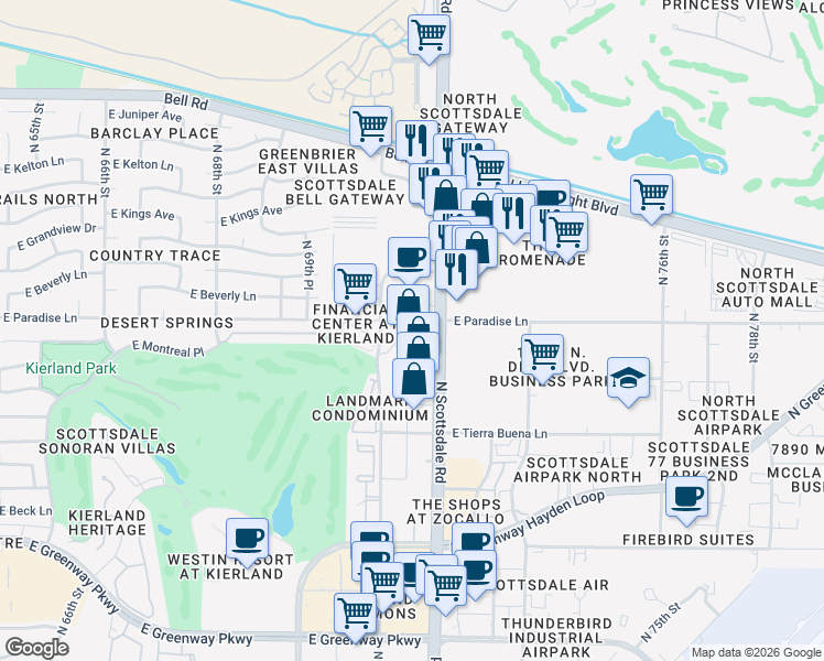 map of restaurants, bars, coffee shops, grocery stores, and more near 7339 E Paradise Ln in Scottsdale
