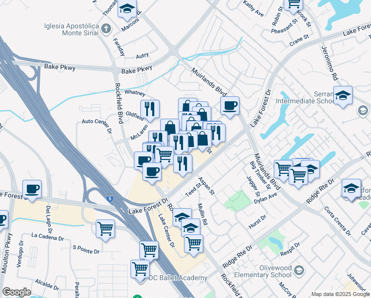 map of restaurants, bars, coffee shops, grocery stores, and more near 700 Aspan Street in Lake Forest