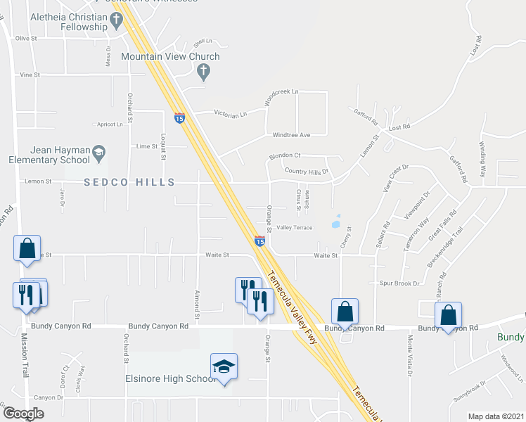 map of restaurants, bars, coffee shops, grocery stores, and more near 33615 Orange Street in Wildomar