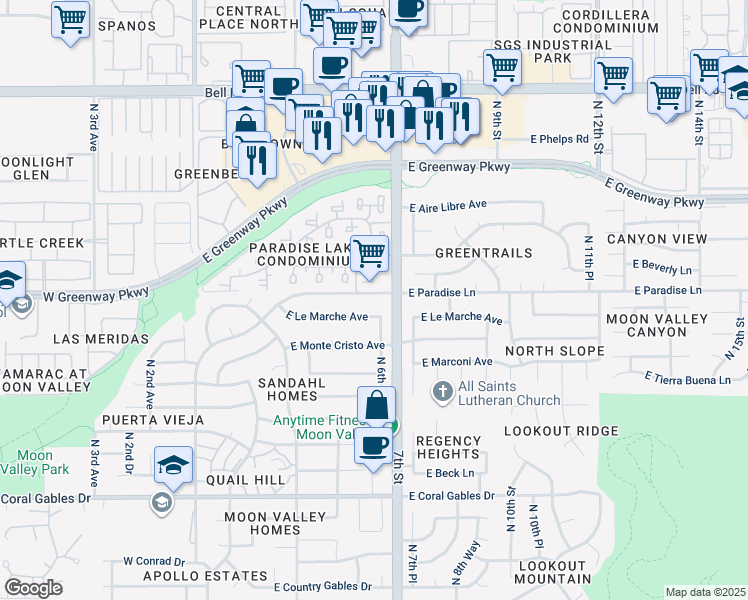 map of restaurants, bars, coffee shops, grocery stores, and more near 609 E Paradise Ln in Phoenix