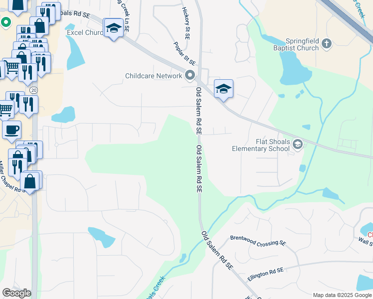 map of restaurants, bars, coffee shops, grocery stores, and more near 2165 Old Salem Road Southeast in Conyers