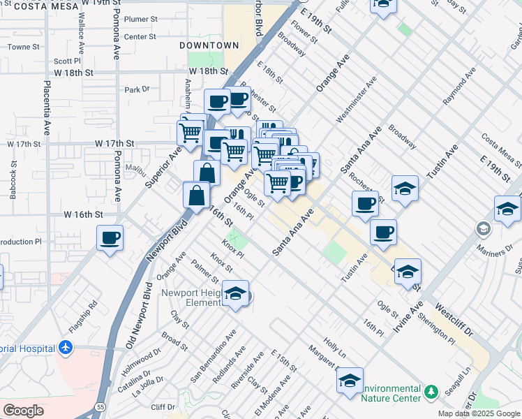 map of restaurants, bars, coffee shops, grocery stores, and more near 249 Ogle Street in Costa Mesa