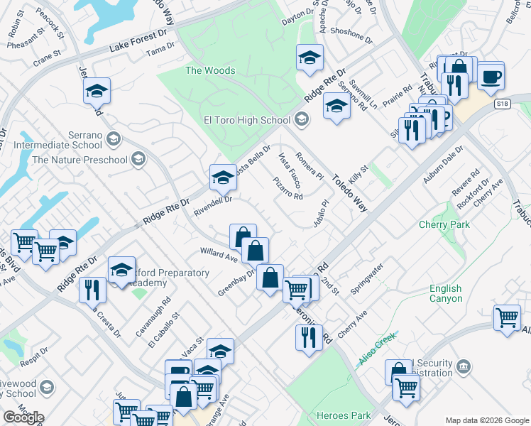 map of restaurants, bars, coffee shops, grocery stores, and more near 25135 Rivendell Drive in Lake Forest