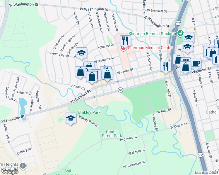 map of restaurants, bars, coffee shops, grocery stores, and more near 1310 West Houston Street in Sherman
