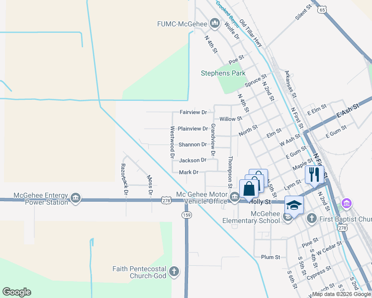 map of restaurants, bars, coffee shops, grocery stores, and more near 10 Shannon Drive in McGehee