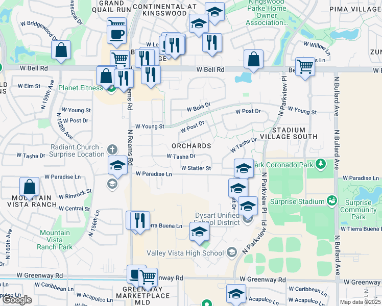 map of restaurants, bars, coffee shops, grocery stores, and more near 15264 West Tasha Drive in Surprise