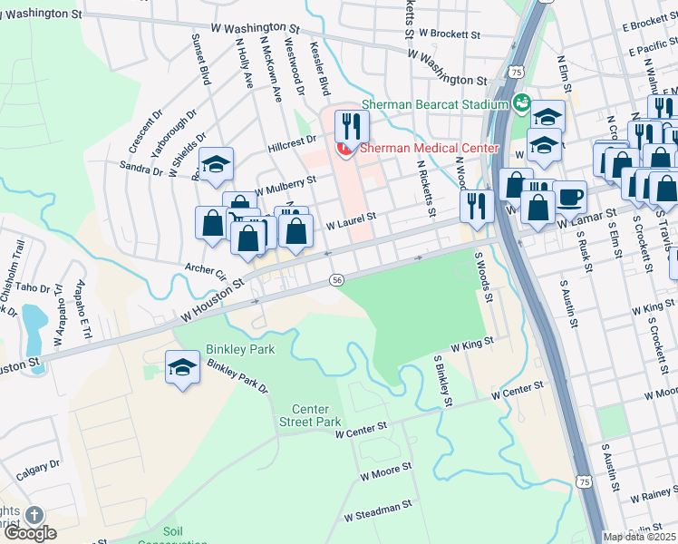 map of restaurants, bars, coffee shops, grocery stores, and more near 123 South Mc Kown Avenue in Sherman