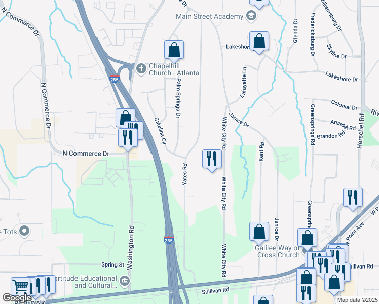 map of restaurants, bars, coffee shops, grocery stores, and more near Yates Road in Fulton County