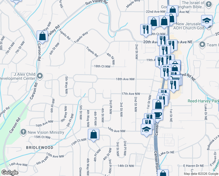 map of restaurants, bars, coffee shops, grocery stores, and more near 1716 3rd Place Northwest in Center Point