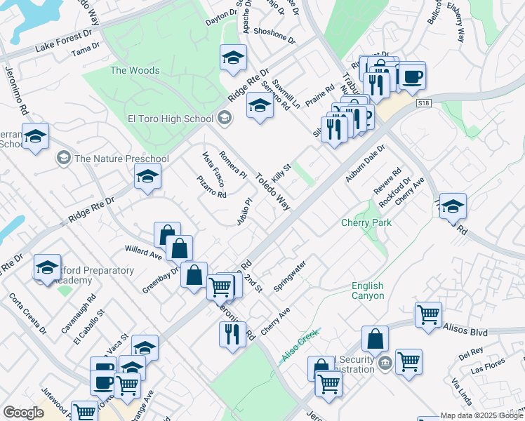 map of restaurants, bars, coffee shops, grocery stores, and more near 22752 Madrid Drive in Lake Forest