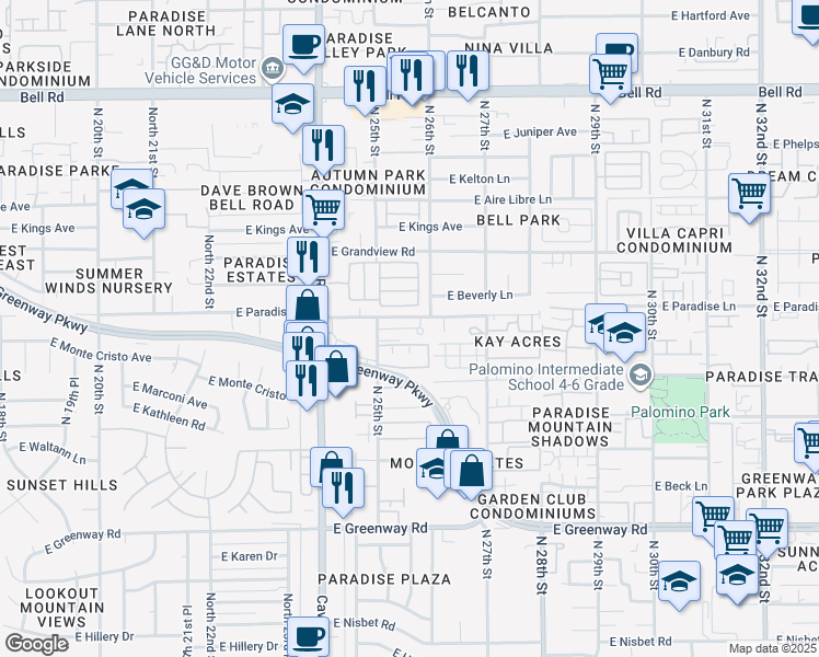 map of restaurants, bars, coffee shops, grocery stores, and more near 2514 East Paradise Lane in Phoenix