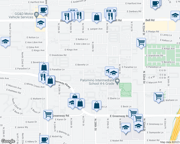 map of restaurants, bars, coffee shops, grocery stores, and more near 16035 North 27th Street in Phoenix
