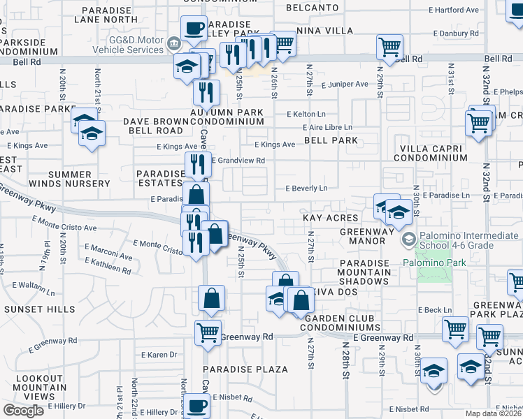 map of restaurants, bars, coffee shops, grocery stores, and more near 2514 East Paradise Lane in Phoenix