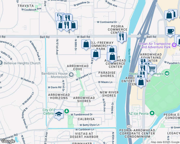 map of restaurants, bars, coffee shops, grocery stores, and more near 8662 West Paradise Lane in Peoria