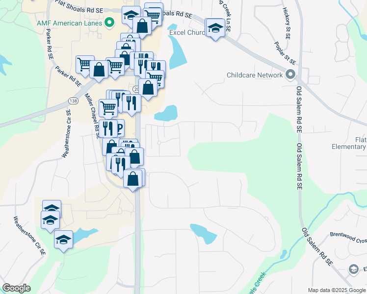 map of restaurants, bars, coffee shops, grocery stores, and more near 1211 Saxony Drive Southeast in Conyers