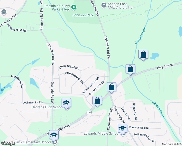 map of restaurants, bars, coffee shops, grocery stores, and more near 1593 Cherry Hill Lane Southwest in Conyers