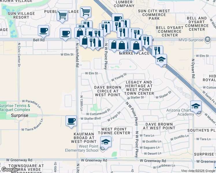 map of restaurants, bars, coffee shops, grocery stores, and more near 16359 North Oachs Drive in Surprise