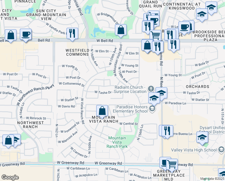 map of restaurants, bars, coffee shops, grocery stores, and more near 15888 West Tasha Drive in Surprise