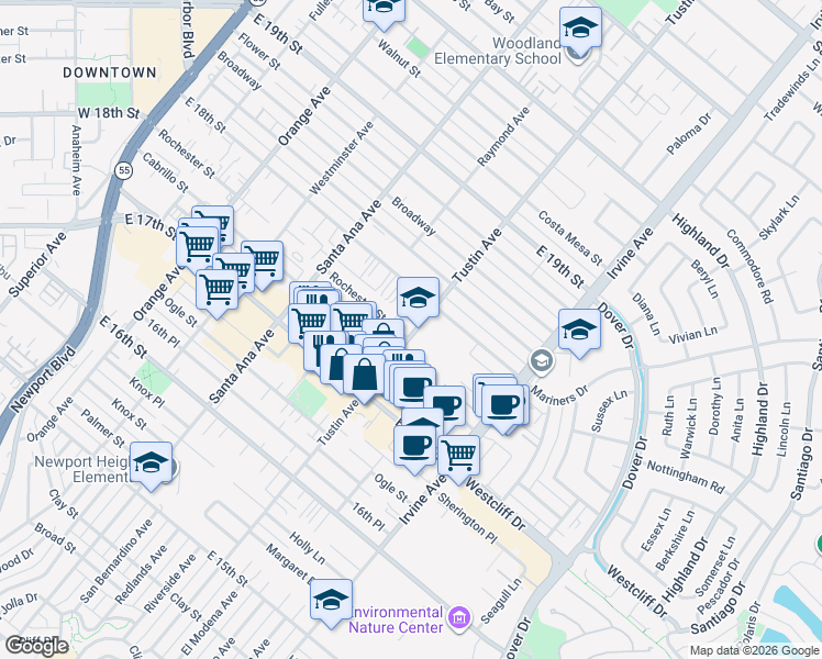 map of restaurants, bars, coffee shops, grocery stores, and more near 390 Rochester Street in Costa Mesa