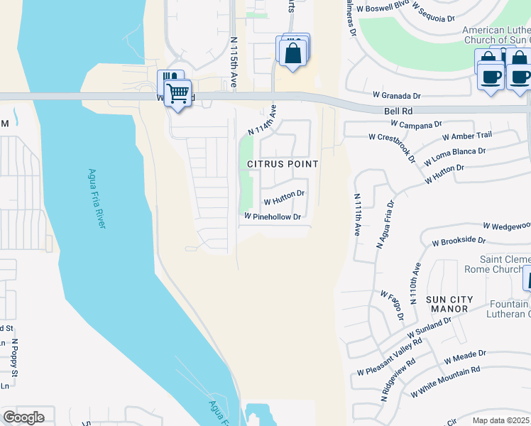 map of restaurants, bars, coffee shops, grocery stores, and more near 11418 Pinehollow Drive in Surprise