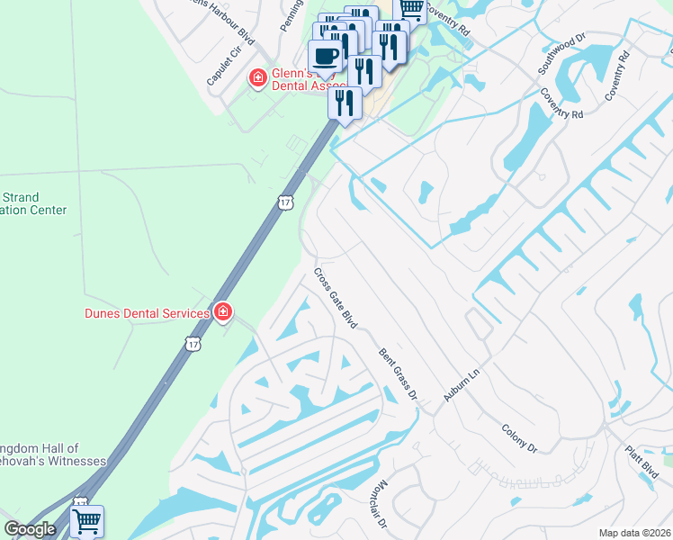 map of restaurants, bars, coffee shops, grocery stores, and more near 2090 Cross Gate Boulevard in Myrtle Beach