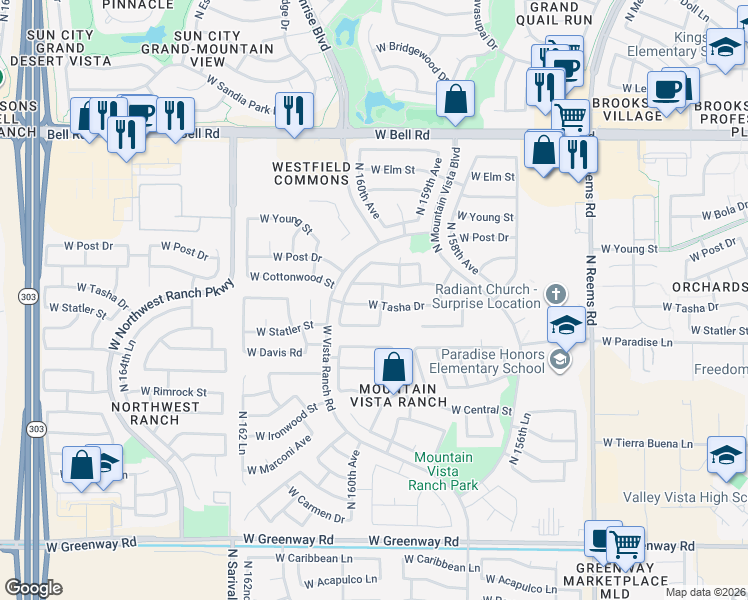 map of restaurants, bars, coffee shops, grocery stores, and more near 15940 West Tasha Drive in Surprise