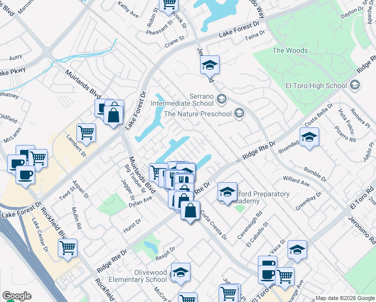 map of restaurants, bars, coffee shops, grocery stores, and more near 22741 Islamare Lane in Lake Forest