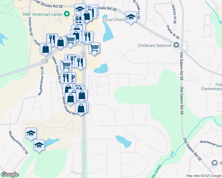 map of restaurants, bars, coffee shops, grocery stores, and more near 1211 Saxony Drive Southeast in Conyers