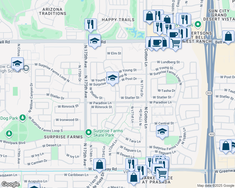 map of restaurants, bars, coffee shops, grocery stores, and more near 17359 West Surprise Farms Loop North in Surprise