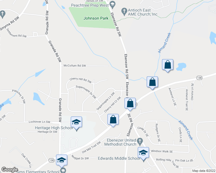 map of restaurants, bars, coffee shops, grocery stores, and more near 1589 Cherry Hill Lane Southwest in Conyers
