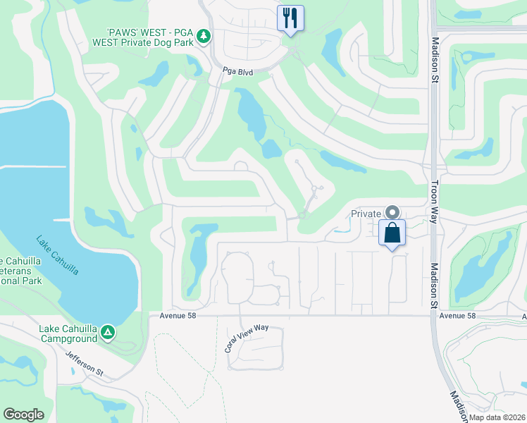 map of restaurants, bars, coffee shops, grocery stores, and more near 80425 Riviera in La Quinta