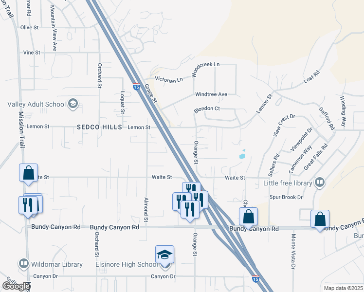 map of restaurants, bars, coffee shops, grocery stores, and more near 33599 Orange Street in Wildomar