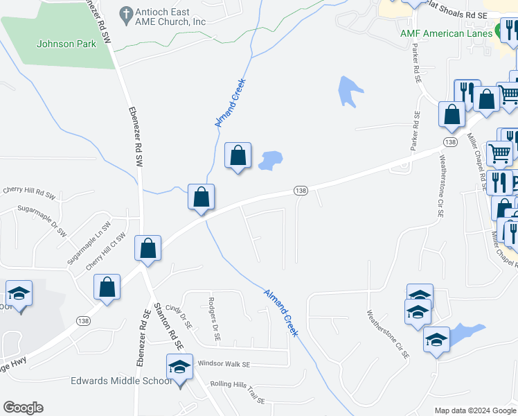 map of restaurants, bars, coffee shops, grocery stores, and more near 2104 Amherst Trail Southeast in Conyers