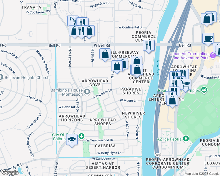 map of restaurants, bars, coffee shops, grocery stores, and more near 8662 West Paradise Lane in Peoria