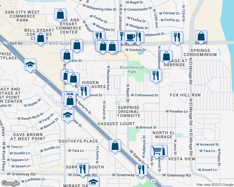 map of restaurants, bars, coffee shops, grocery stores, and more near 12742 West Cottonwood Street in Surprise