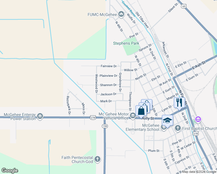 map of restaurants, bars, coffee shops, grocery stores, and more near 10 Shannon Drive in McGehee
