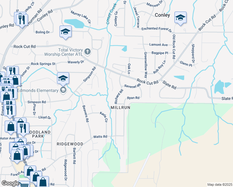 map of restaurants, bars, coffee shops, grocery stores, and more near 4479 Richard Road in Conley