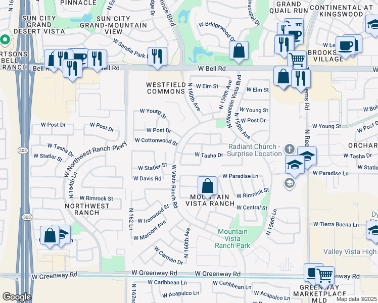 map of restaurants, bars, coffee shops, grocery stores, and more near 15956 West Tasha Drive in Surprise