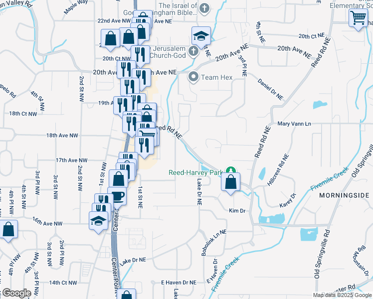 map of restaurants, bars, coffee shops, grocery stores, and more near 211 Polly Reed Road Northeast in Center Point