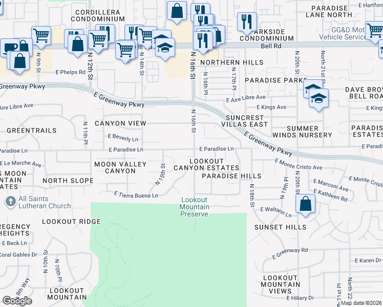 map of restaurants, bars, coffee shops, grocery stores, and more near 1554 East Le Marche Avenue in Phoenix