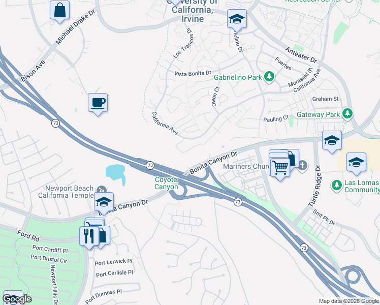 map of restaurants, bars, coffee shops, grocery stores, and more near 27 Wharton Court in Irvine