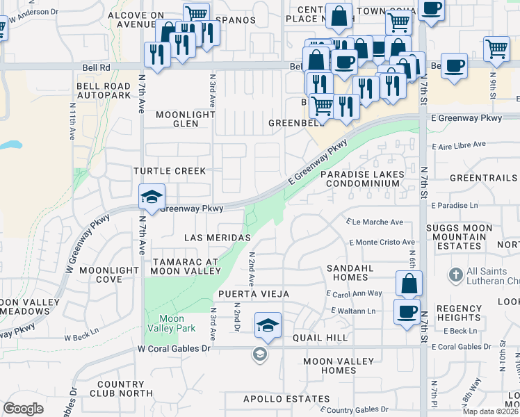 map of restaurants, bars, coffee shops, grocery stores, and more near 223 West Greenway Parkway in Phoenix
